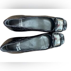 Stuart Weitzman Women’s Croc Embossed Black Leather Block Heel Pump Buckle Sz 8